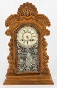 ANSONIA antique American parlour clock in pressed oak case with eight day time and strike movement, 19th century, 58cm high