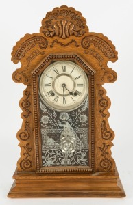 ANSONIA antique American parlour clock in pressed oak case with eight day time and strike movement, 19th century, ​​​​​​​58cm high