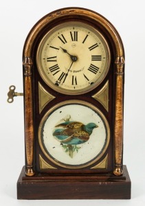SETH THOMAS antique American rosewood mantle clock with gilt decorated highlights and bird decoration, eight day time and strike movement with Roman numerals, 19th century, 45cm high