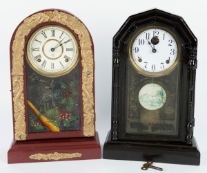 Two antique timber case mantle clocks with later painted decoration, American and Japanese,19th/20th century, ​​​​​​​44cm and 45cm high