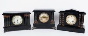 Three antique American mantle clocks in ebonised timber cases, 19th/20th century, the largest 31cm high