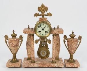 An antique French three piece clock set, Sienna marble and brass, Arabic numerals with eight day time and strike movement, 19th century,. 40cm high