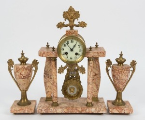 An antique French three piece clock set, Sienna marble and brass, Arabic numerals with eight day time and strike movement, 19th century,. 40cm high