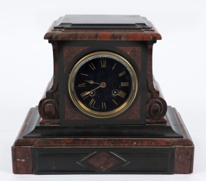 An antique French mantle clock in red marble and slate case, eight day time and strike movement with Roman numerals on black dial, 19th century, 24cm high