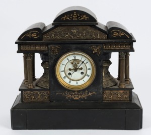 An antique French architectural mantle clock in black slate case with gilt metal columns and frieze, eight day time and strike movement with open escapement and Roman numerals, 19th century, 40cm high