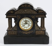 An antique French architectural mantle clock in black slate case with gilt metal columns and frieze, eight day time and strike movement with open escapement and Roman numerals, 19th century, 40cm high