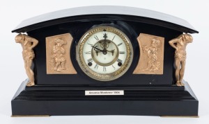 ANSONIA "Monterey" antique American mantle clock in ebonised metal case with gilt figural decoration, early 20th century, 24cm high