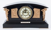 ANSONIA "Monterey" antique American mantle clock in ebonised metal case with gilt figural decoration, early 20th century, 24cm high