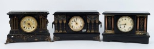 Three antique American mantle clocks in ebonised timber cases, early 20th century, the largest 28cm high