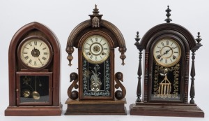Three antique American shelf clocks in timber cases, including beehive alarm, WELCH and ANSONIA alarm, 19th century, ​​​​​​​58cm high