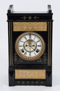 ANSONIA antique American mantle clock in black painted metal case with gilt finished decoration (both done at a later date), 19th century, 39cm high