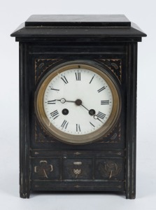 An antique French mantle clock in slate case with eight day time and strike movement and Roman numerals, 19th century, glass damaged, 26cm high