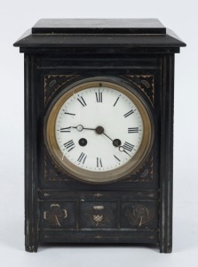 An antique French mantle clock in slate case with eight day time and strike movement and Roman numerals, 19th century, glass damaged, 26cm high