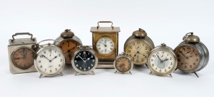 Nine assorted nickel plated alarm clocks and time pieces, mixed condition and makers, 19th/20th century, the largest 17cm high