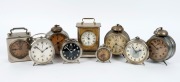 Nine assorted nickel plated alarm clocks and time pieces, mixed condition and makers,&nbsp;19th/20th century, the largest 17cm high