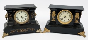 Two antique American black metal cased mantle clocks with gilt metal decoration, 19th/20th century, the larger 28cm high