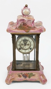 ANSONIA full glass mantle clock with pink porcelain case, eight day time and strike movement with open escapement and Arabic numerals, early 20th century, 44cm high