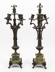 A pair of antique French candelabra garnitures, green onyx and spelter, 19th century, (poor condition), 60cm high