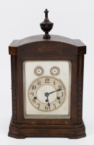 JUNGHANS vintage German table clock in oak case, three train movement with silvered dial and Arabic numerals, 20th century, 45cm high overall