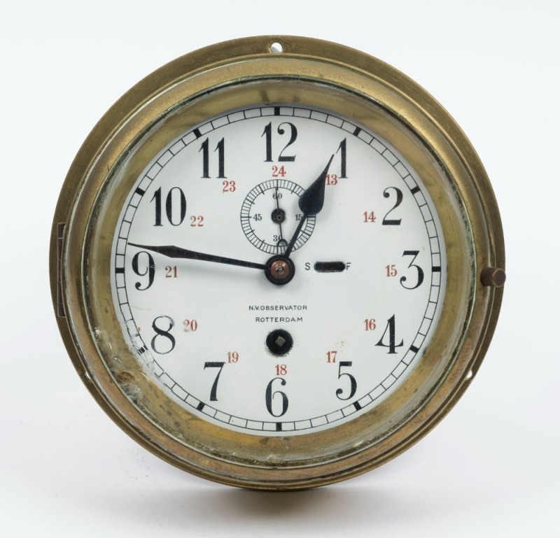 An antique Dutch bulkhead clock in brass case with inscribed enamel dial "N.V. OBSERVATOR, ROTTERDAM", 19th/20th century, ​​​​​​​21cm diameter overall