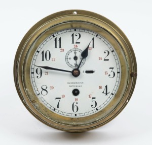 An antique Dutch bulkhead clock in brass case with inscribed enamel dial "N.V. OBSERVATOR, ROTTERDAM", 19th/20th century, 21cm diameter overall