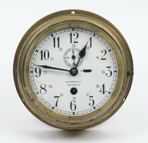 An antique Dutch bulkhead clock in brass case with inscribed enamel dial "N.V. OBSERVATOR, ROTTERDAM", 19th/20th century, ​​​​​​​21cm diameter overall