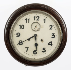 An antique American wall clock in timber case with time and strike movement, Arabic numerals and subsidiary dial, 19th century, ​​​​​​​42cm diameter overall