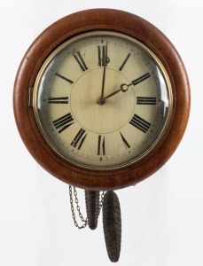 Black Forest antique wood framed wall clock with hand-painted wooden dial, 19th century, (missing doors, weight and pendulum), 30cm diameter