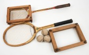 A fitted leather case containing a Slazenger "Ambassador" racquet with spring-press frame; a "Gordon J. Watson" squash racquet by Alexander, with an SBK spring-press frame; and three tennis balls.; circa 1950s. - 2