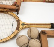 A fitted leather case containing a Slazenger "Ambassador" racquet with spring-press frame; a "Gordon J. Watson" squash racquet by Alexander, with an SBK spring-press frame; and three tennis balls.; circa 1950s. - 3