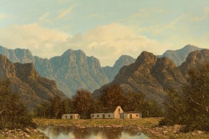 GERHARD WAGNER (South Africa, 1941 - ), Dutch-style farmstead, Cape Province, titled “Toneel nabij Ceres” [Scene near Ceres], oil on canvas board, signed "Gerhard Wagner '83" lower right,  inscribed and dated verso, 60 x 90cm, 76 x 107cm overall