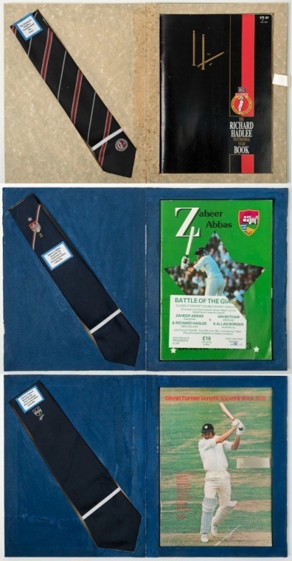 TESTIMONIAL YEAR DISPLAYS: 1978/79/80 Glenn Turner with the Benefit Tie and souvenir book; Zaheer Abbas with Benefit Tie and 1983 Benefit Year booklet; and Richard Hadlee Testimonial Year 1994 tie and book signed by Hadlee. (6 items).