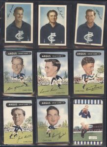 CARLTON: Cigarette & Trade Cards: 1933 to recent collection in an album. Noted 1933 Will Footballers, 1951 Kornies Footballers in Action, 1954 Kornies Champion Footballers, 1954 Argus Swap Card types, 1954 Argus VFL types, 1960s to 91 Scanlen's and Stimor