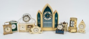 Ten assorted vintage table and bedside clocks, including crystal case, cream plastic cases, and enamel cased flick clock, 20th century, the largest 24cm high