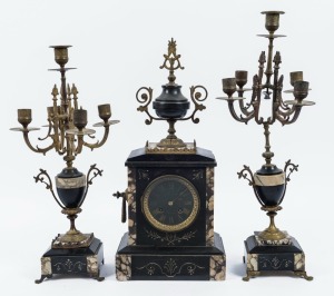 An antique French three piece clock set in marble and slate case, 19th century, as is condition, garnitures broken, missing handle, the clock 47cm high