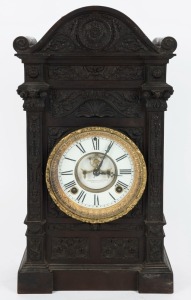 ANSONIA antique American parlour clock in early moulded bakelite case with eight day time and strike movement, open escapement and Roman numerals, 19th century, 44.5cm high