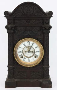 ANSONIA antique American parlour clock in early moulded bakelite case with eight day time and strike movement, open escapement and Roman numerals, 19th century, 44.5cm high