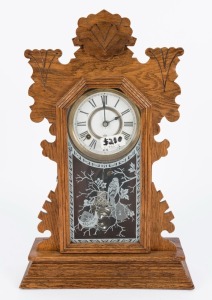 ANSONIA antique American cottage clock in oak case, eight day time and strike movement with Roman numerals, 19th century, 57cm high