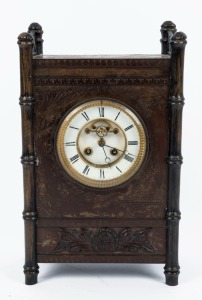 An antique French mantle clock in unusual Japanese style timber and metal case, eight day time and strike movement with open escapement and Roman numerals, 19th century, 38cm high