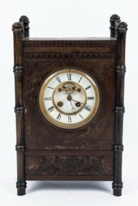 An antique French mantle clock in unusual Japanese style timber and metal case, eight day time and strike movement with open escapement and Roman numerals, 19th century, 38cm high