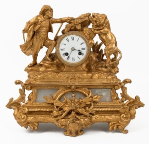 An antique French figural mantel clock in gilt metal case with alabaster decoration, eight day time and strike movement with Roman numerals on enamel dial, 19th century, 37cm high