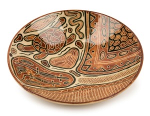 CARL COOPER pottery bowl with Aboriginal motif, incised "Carl Cooper, 1948, Australia", ​​​​​​​4cm high, 14.5cm diameter