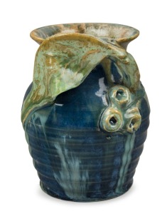 REMUED blue glazed pottery vase with applied gumnuts and leaf, incised "Remued", ​​​​​​​11cm high