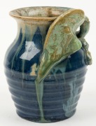 REMUED&nbsp;blue glazed pottery vase with applied gumnuts and leaf, incised "Remued", ​​​​​​​11cm high - 2
