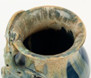 REMUED&nbsp;blue glazed pottery vase with applied gumnuts and leaf, incised "Remued", ​​​​​​​11cm high - 5