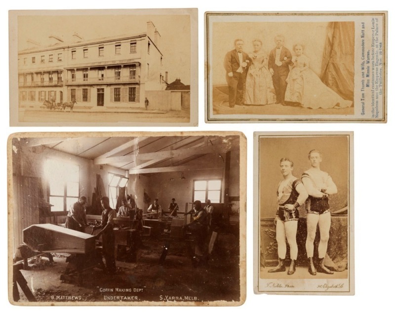 PHOTOGRAPHS & POSTCARDS including carte-de-visit early Sydney street scene with inscription, General Tom Thumb and wife, Commodore Nutt and Miss Minnie Warren, "COFFIN MAKING DEPt. B. Mathews Undertaker, S. Yarra, Melbourne", plus others, (52 items)