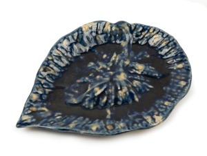 LITHGOW blue glazed pottery plate in the shape of a leaf, 25cm wide