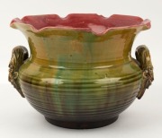 V.A.P. (VICTORIA ART POTTERY) rare pottery jardiniere by WILLIAM FERRY with face mask gargoyle handles, glazed in green and yellow with pink interior, late 19th century, impressed mark "VICTORIA ART POTTERY, W.F.",  19.5cm high, 29cm wide - 3