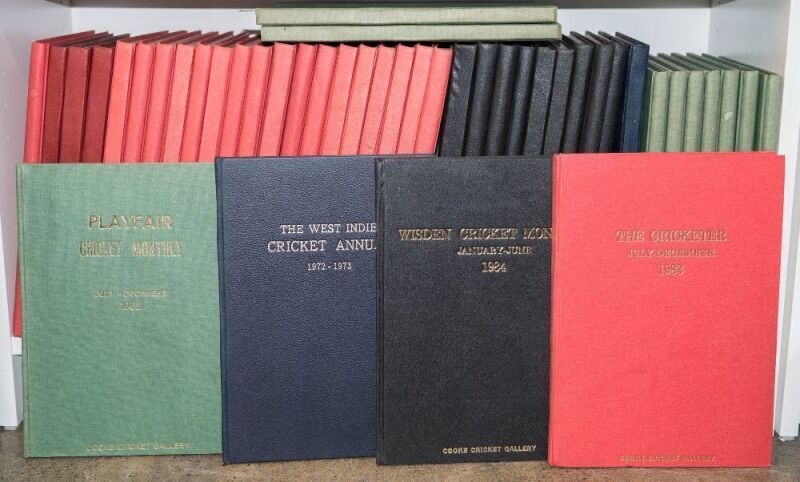 A library of cricket periodicals, attractively hardbound in matching bindings; comprising "Playfair Cricket Monthly" July 1968 - December 1969 (3 volumes), "The West Indies Cricket Annual" 1970-73 (2 volumes), "The Cricketer" January 1973 - December 1983