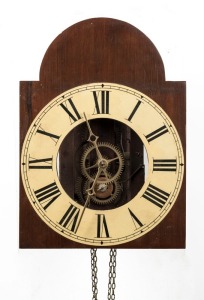 An antique German Black Forest weight driven wall clock, with early 19th century wood frame movement with laster dial and hands, (missing pendulum), the dial 30cm high